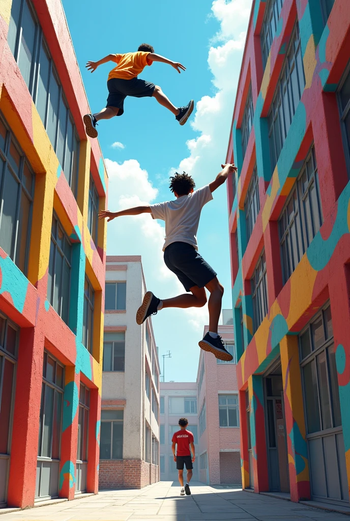 boys practicing parkur in urban clothing with abstract drawings at an arts school