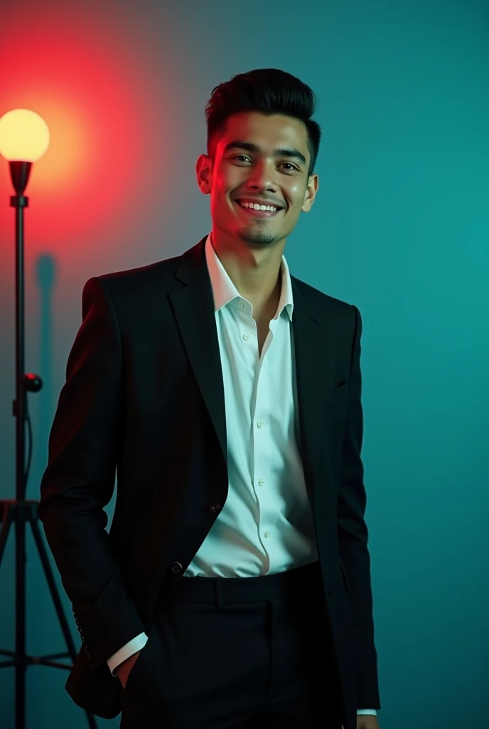 @ئیرفان:A young man with drak hair and a confident smile.He is dressed in a black blazar over a white shirt.The man is positioned against aqua colour backdrop with a subtle red lighting on the left side. and