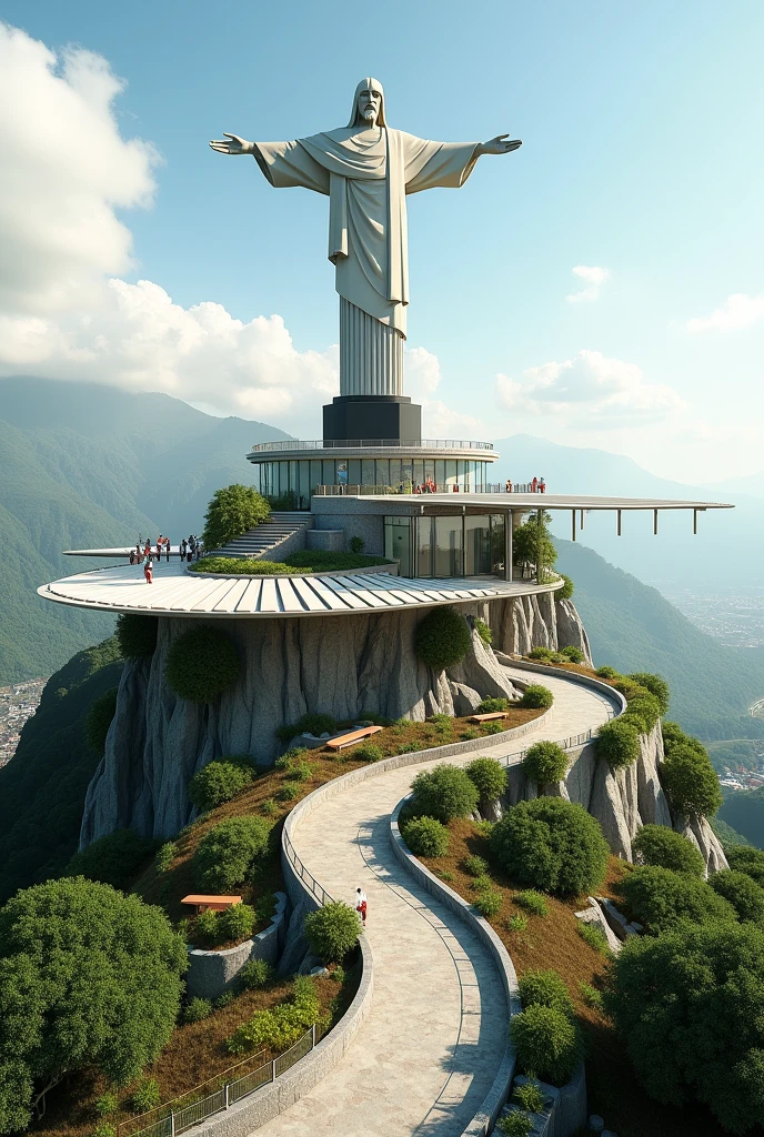 Create an image with these characteristics taking into account that there is a single-terrace monument of Christ the King with the following characteristics:
A semi-circular terrace around the base of Cristo Rey that allows panoramic views.
Nature trails, well designed paths leading to the viewing point through the local vegetation, providing an immersive experience in nature before reaching the observation deck.
Add gardens or seating areas with native flora and stone benches.
Panoramic pergola: A lightweight roof with a modern design that partially covers the viewing platform to provide shade without obstructing the views.
Glass railings: Use reinforced glass railings on platforms to maximize views and maintain safety without interrupting the visual connection with the surroundings.
Rest and meditation areas: Include benches and small meditation or recreation areas around the viewing platform, with direct views towards Cristo Rey, so that visitors can relax and reflect in a peaceful environment.
Interactive spaces: Create information panels on the history and culture of São Paulo, The meaning of Christ the King and the biodiversity of the region.