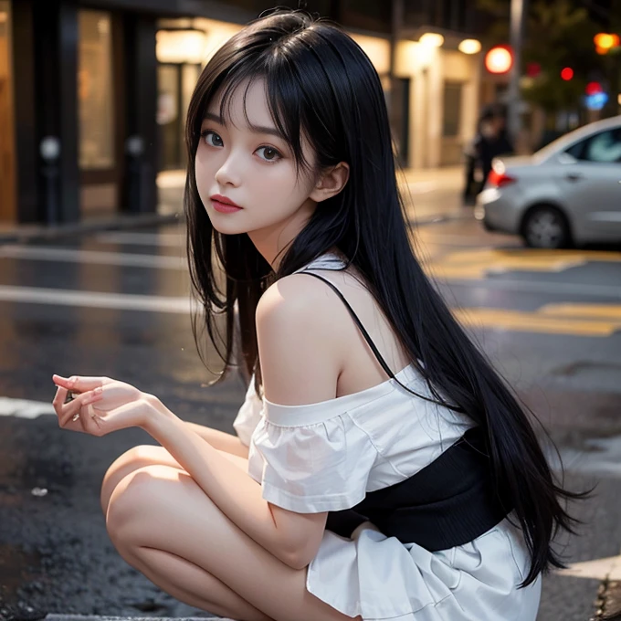 Highest image quality、Masterpiece Level、Authenticity 1.4，photo shoot，A girl appears[（Grief）]， Asian Beauty， Super beautiful， Beautiful Skin， Slim， Body facing forward， （Hyper-photorealism）， （high resolution）， （8K），, Smile,Short and delicate hair，Black shawl straight hair，46 points side bangs，High Definition Details、Ultra Detail、Movie Lighting、Surrealism、Soft Light、Deep Focus Bokeh、Has short black hair，White skin，Famous Artworks，Face perfect，Beautiful face，beautiful eyes，（（Perfect female body）），穿着白色shirt，shirt,Pleated Skirt,穿着白色shirt，The scene was pitch black、dark，Desperate situation、Mercy、Mercy之情，Squatting on the ground。Just like in the movies，My eyes are filled with tears，Tears on the face。There are holes in the clothes（Weight 1.5），Wet clothes（Weight 1.4）and bare shoulders。It&#39;s really raining，Hair is soaked。