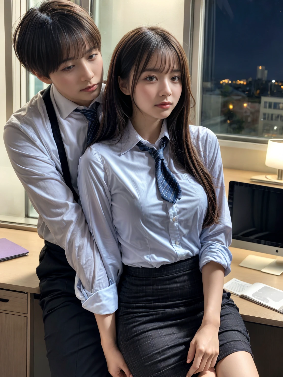 A handsome CEO with his beutiful girlfriend,who is on her highschool hot uniform romancing together with him in his luxury office at night.
While he carefully romantically falls down her hair., laege breasts, Hug from behind.