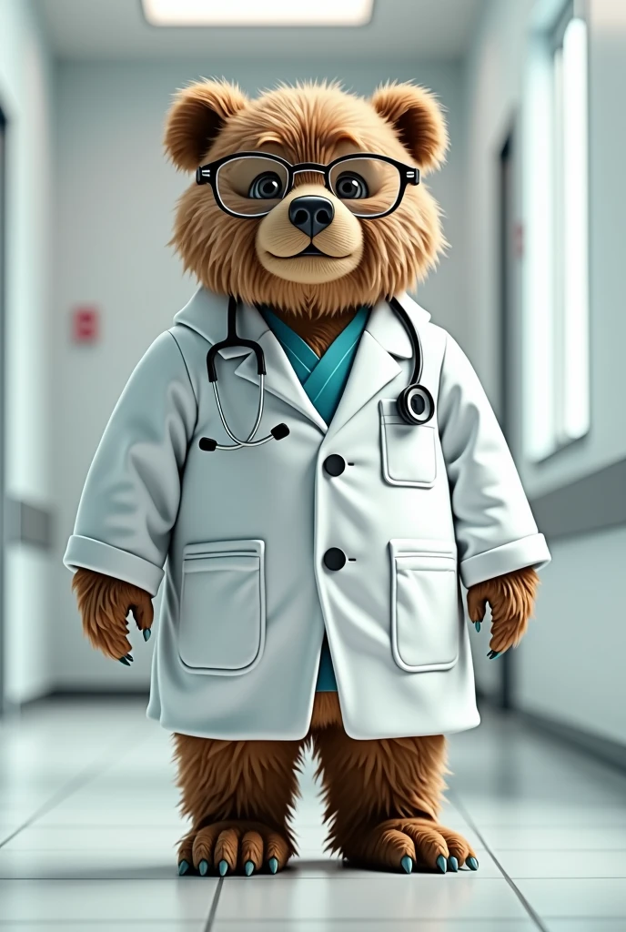 a bear wearing doctor clothes with glasses