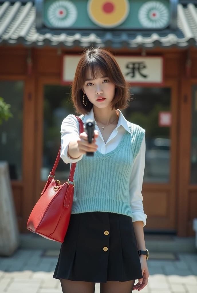 Hold the gun with both hands, shooting target, Front view, standing pose , hold Luger P-08,  front  sushi restaurant , noon ,from Front view,  looking at viewer, Japanese Girls ,(20-year-old),( Beautiful Eyes, Light brown straight short hair, fringe,  Faint lips),(earring, neckless) (C cup breasts, wide hip)  ( Black bra, and Black paneity stockings), (White Shirt, sky blue seater, Black miniskirts), black HI heal) , Louis Vuitton Red shoulder-bag, lady's watch of Seiko,  (masterpiece, highest quality, High resolution, Photo realistic, sharp, RAW Photos, 8k wallpaper, perfection, Professional Lighting, Very detailed)
