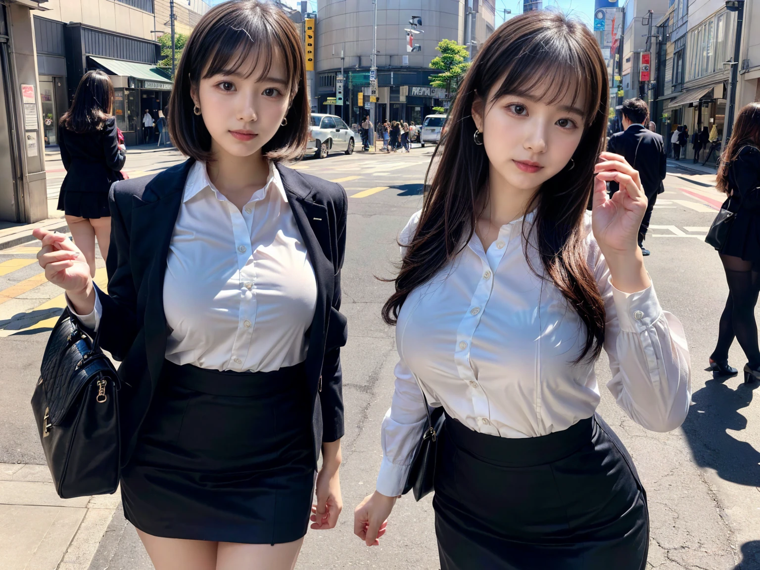 (Surrealism, RAW photo, Nikon, 8k, super detail, masterpiece, intricate details, realistic lighting),
(anatomically correct, very accurate human body, highly detailed face, realistic skin, realistic),
(2 girls, , Japanese girls, slim waist and busty body, Slender long legs, large breast, baby face, affectionate cute, surreal woman),
(round face, black hair, short bob cut, bangs, Down-slating eyebrows, Moist eyes, one little earring, light blush),
((random elegant pose)),
(look at camera, stare at viewer:1.3),
((offce worker, Tight skirts, blouses, jackets, business bags)),
(tokyo, Main street, many office workers coming to work on background),
Natural lighting, full length, whole body,
