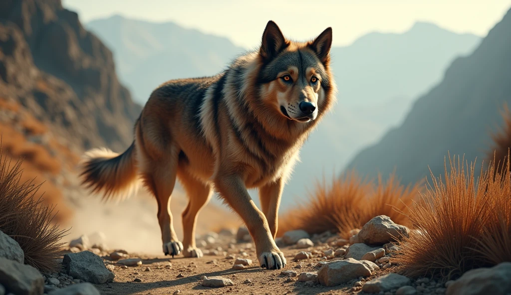 hyper-realistic, photo, Realism, cinematography, 8k,4k, (Images of the Afghan Kuchi in its natural environment) The Kuchi Afghan is a lesser-known but incredibly powerful breed.. Originally from Afghanistan, This dog is known for its endurance and guarding skills.. They are independent and brave, Ideal for protecting livestock in difficult terrain.