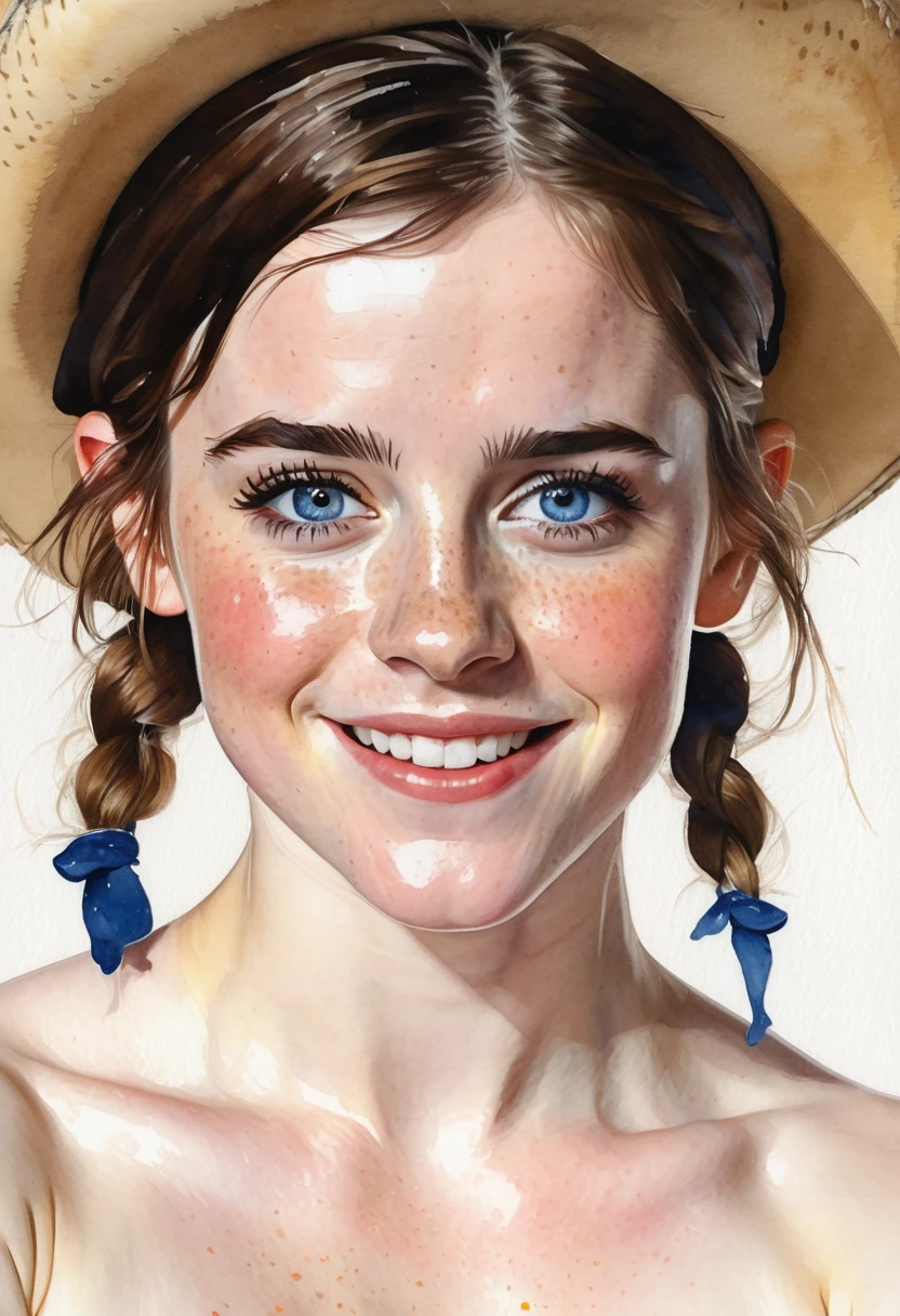 a watercolor painting of a ((pale skin)), defined muscles, six-pack abs, freckled, brunette teenager resembling Millie Bobby Brown, with blue eyes, blushing cheeks, pigtails, cowboy hat, naked, smiling, in the style of Norman Rockwell