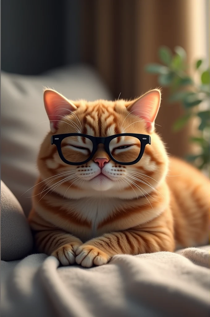 a brown cat lying down with black glasses playing play