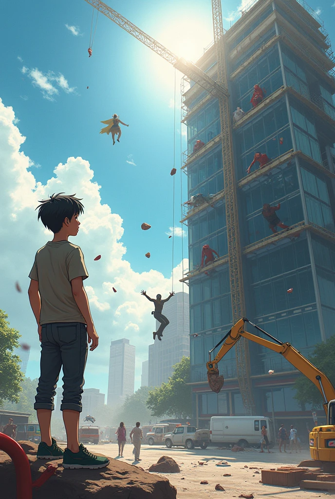 "Generate a realistic image of a hot summer day in the city. A young 20-year-old male with black hair and green eyes, called [Name], approaches a building under construction where a battle scene between superheroes is taking place. The boy stands on the edge of the scene, looking up with an expression of wonder and admiration.

The sky is covered with white and blue clouds, with a bright sun illuminating the scene. The building under construction has a modern, glass facade., with machines and construction materials scattered on the ground. The ground is covered with debris and fragments of tissue., suggesting an intensive combat.

Iron Man and Captain America are on the roof of the building, standing on their flying platforms, with their armor and hoods held high. Black Widow and The Hulk are on one side of the building, firing guns and throwing punches with force. Spider-Man and Doctor Strange are on the other side of the building, using his skills to dodge attacks and launch counterattacks.

The Flash and Wonder Woman are on the lower floor, running down with speed and strength, and fighting against the enemies. Superheroes are surrounded by smoke and dust, and the noise of the battle is loud.

Generate a realistic and detailed image, With shadows, textures and reflections. Characters must have realistic facial expressions, with natural movements and gestures. Include small details that make the image even more realistic., like wrinkles on the skin, the makeup touches, or the slight blood stains on the heroes&#39; costumes."
