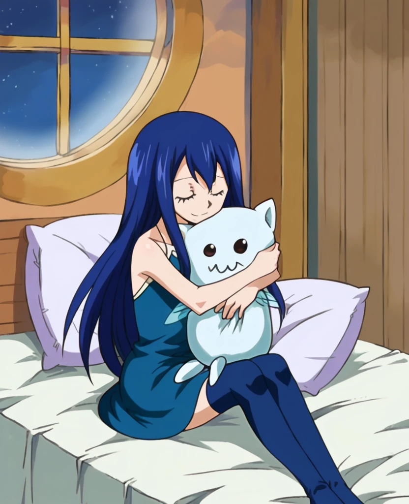 Wendy Marvell, fairy tail, Blue dress, blue stockings, smile, sitting on the bed, hugging the pillow, night outside the window. 