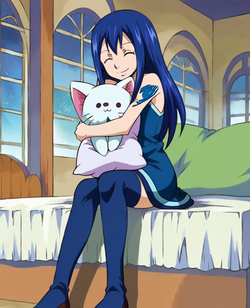 Wendy Marvell, fairy tail, Blue dress, blue stockings, smile, sitting on the bed, hugging the pillow, night outside the window. 