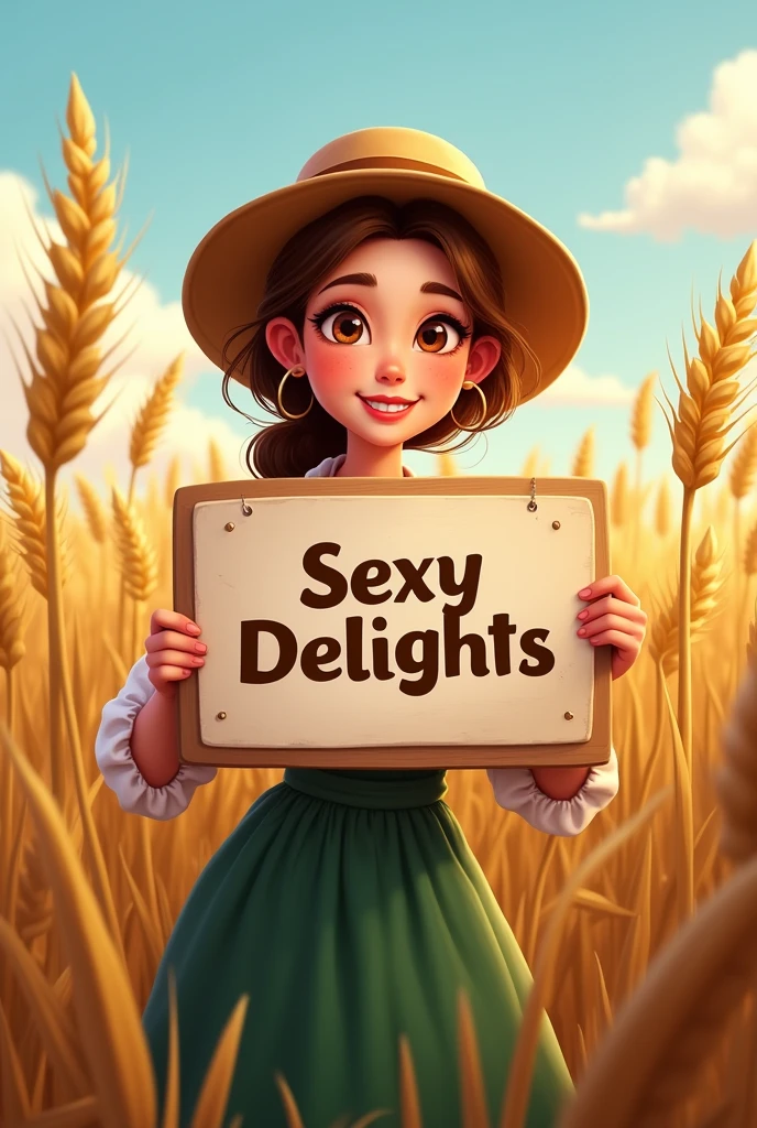 A peasant woman wearing a hat on her head and holding a sign in her hands that says Sexy Delights with wheat around her, smiling, turn all of that into a brand.