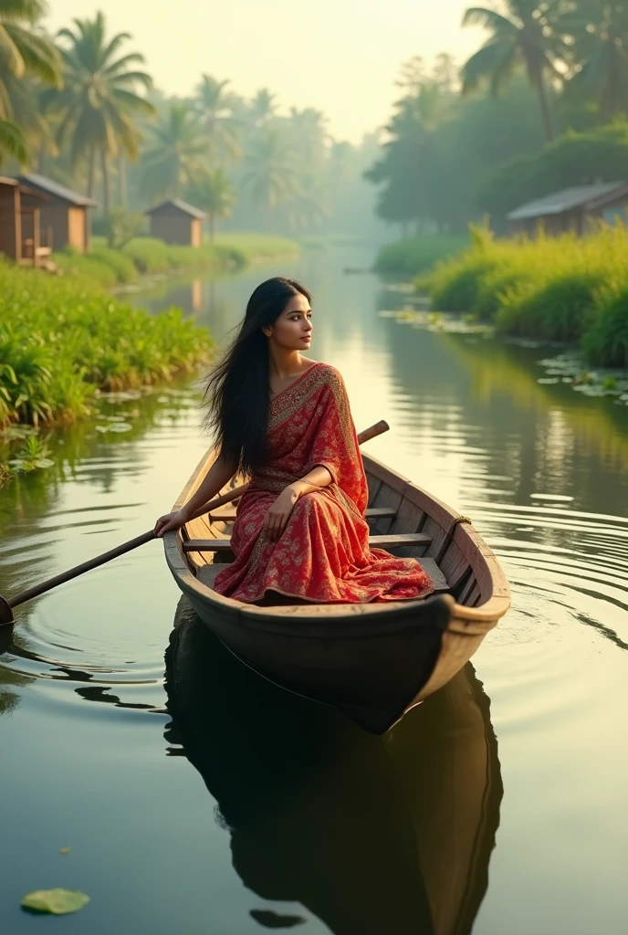 "A beautiful Bangladeshi girl sitting in a traditional wooden boat on a calm river. She has long, flowing dark hair and is wearing a colorful traditional Bangladeshi sari. The background features lush green vegetation and distant bamboo huts along the riverbank. The scene is serene, with soft sunlight reflecting off the water, creating a peaceful and picturesque atmosphere, looking very sexy. in a wide 16:9 aspect ratio."