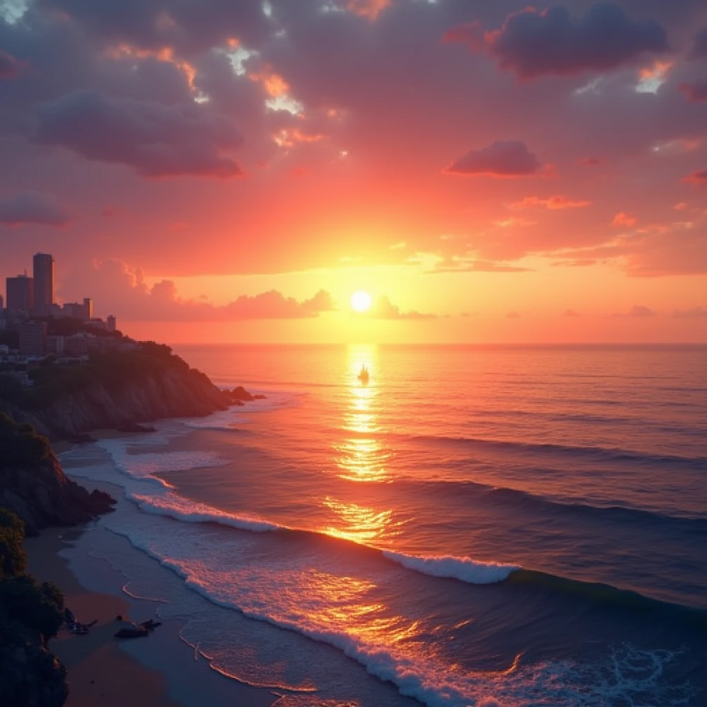 "A stunning sunrise over the ocean as the sun begins to rise above the horizon. The sky is a gradient of warm colors, from deep purples and blues near the top to brilliant oranges and pinks near the horizon. The golden sun casts a shimmering path of light across the calm water, creating a breathtaking reflection. Gentle waves roll towards the shore, catching the morning light. The horizon is clear and vast, with the distant sky meeting the endless sea. The scene feels serene, fresh, and full of promise for the new day. Show it in populated area