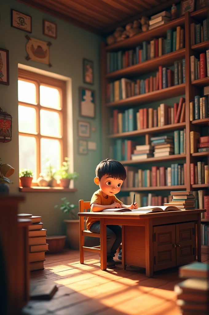 In cenamatic 3d cartoon style "The bookstore’s interior, focusing on the boy’s work and the surrounding books, with a peaceful and focused mood.