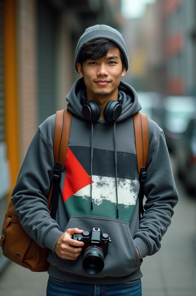photography, short Asian man, wavy hair, slightly beardless face, wearing a gray beanie, gamer headphones around his neck, wearing a thick hoodie with an abstract pattern of the Palestinian flag it says "DAMAI", carrying a leather backpack, carrying a camera with a telephoto lens, wearing jeans and Allstars shoes