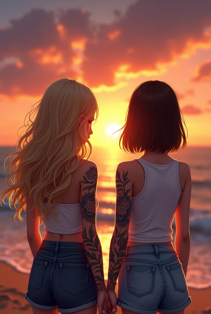 A couple of two girls watching the sunset, one girl has blonde hair and has a tattoo on her right arm, the tattoo is all over the arm and the other has straight hair and the hair size is medium, the hair color is brown and watching the sea on a beach with the sunset without a skirt 