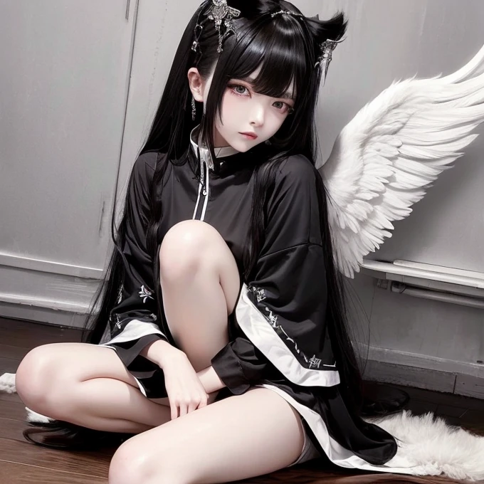 1 girl,Fujifilm、Practical、Long black hair,Large Breasts,Angel,Angel的翅膀,Halo,White tunic,Lazy,slow,Empty eyes,boring,,A sigh,Half closed eyes,Sharp eyes,open eyes,The air is heavy,sit,Right knee raised,Place your right elbow on your right knee,Holding a cigarette in right hand,Cigarette smoke exhaled from her mouth,Heaven,The floor is made of fluffy clouds,