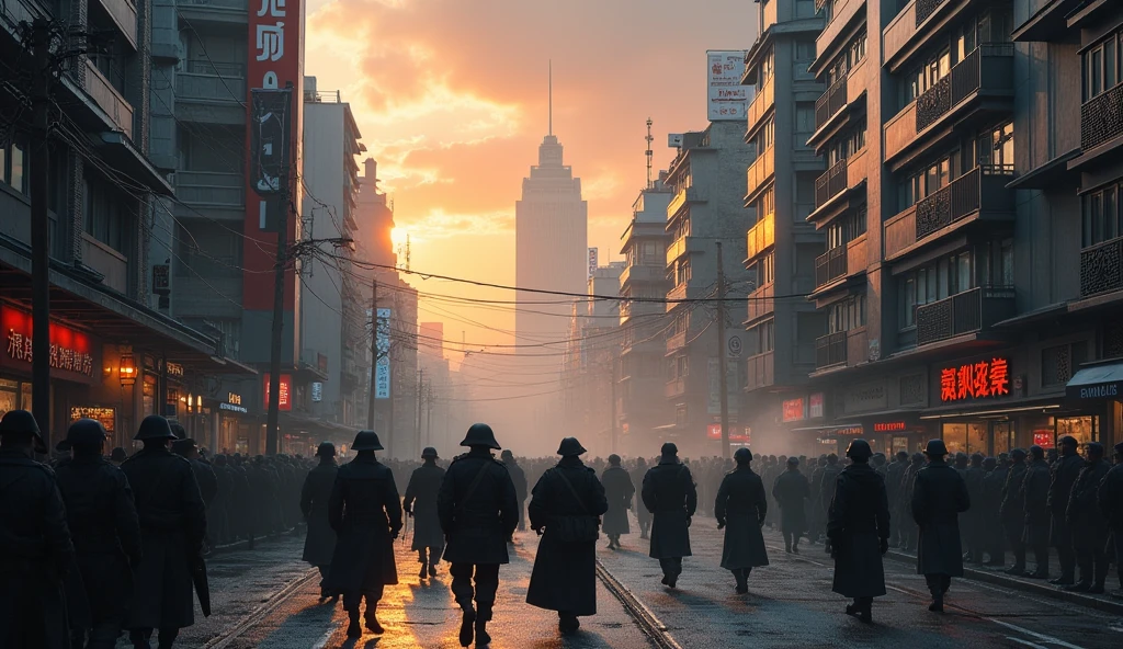 1802 Tokyo City in Chaos; soldiers marching in the streets
