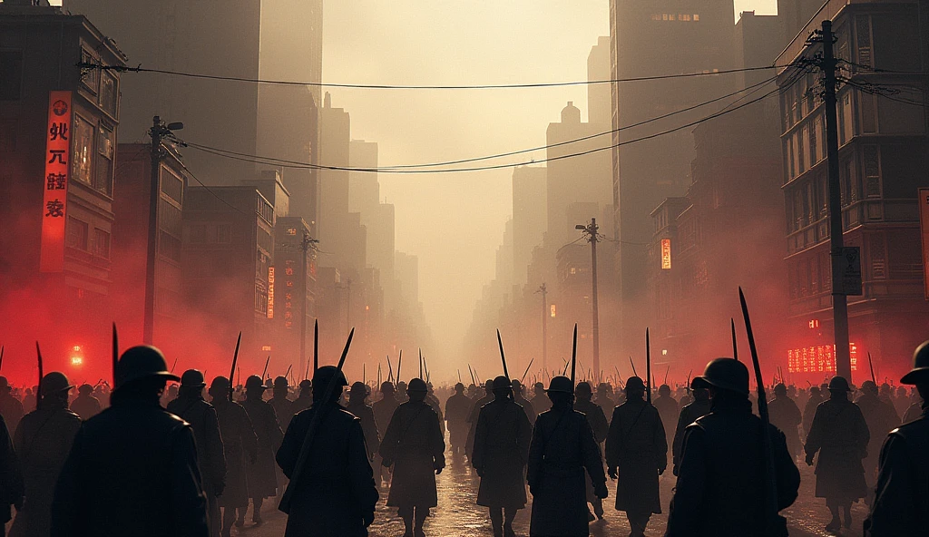 1802 Tokyo City in Chaos; soldiers marching in the streets