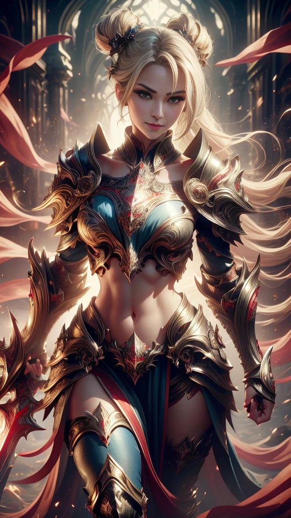 (RAW shooting:1.5, Photoreal:1.5, 8k, highest quality, masterpiece, ultra high resolution), medieval europe, world of magic and swords, perfect dynamic composition:1.2, Mysterious:1.3, Highly detailed skin and facial textures:1.3, cute and sexy slim female warrior, beautiful and aesthetic:1.1, cute and sexy beauty, perfect style, wear elaborate rings, Pose of raising a large sword:1.2, fire, water, Wind, thunder, ice, Fair skin, very beautiful face, (Medium chest, Chest gap), (embarrassing smile, The expression on your face when you feel intense caress, Facial expression when feeling pleasure), (sexy gold metallic armor:1.1, off shoulder, Navel exposure), (beautiful blue eyes, Eyes that feel beautiful eros:0.8), (Too erotic:0.9, Bewitching:0.9), full body shot, Ancient castle in the background