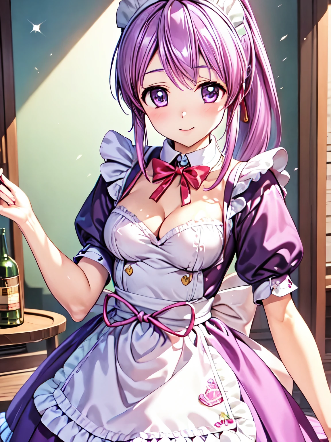 Highest quality,Otome、Shooting from the front、indoor、High resolution、Standing、Bedroom、original girl_otomee,High resolution、 綺麗な魅力的なPink Hair、Long Hair、ponytail、Pink Hair、Beautiful and attractive purple eyes、smile、Closed Mouth、smile、Maid clothes、(ビクトリア朝Maid clothes:1.5)、Beautiful Eyes, Sharp pupils, Sharp focus, (Very detailed, bloom, Shine)、(Genuine、Realistic、Realistic)、High resolution、超High resolution