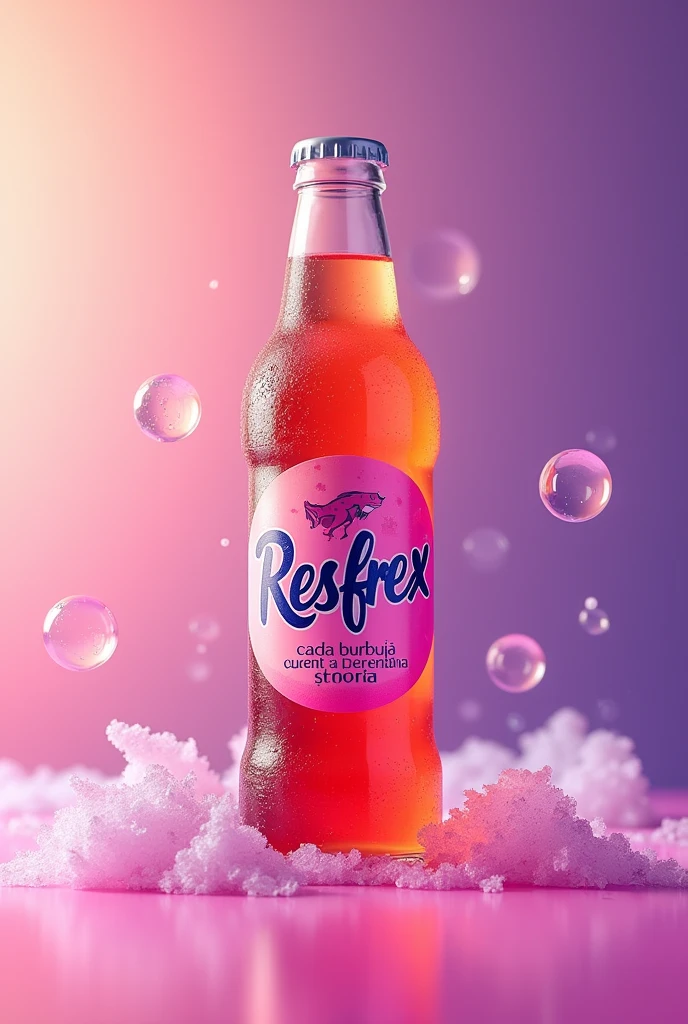 Generate me the image of a soda bottle with the name Resfrex. With the slogan each bubble tells a story with the letters in Spanish and the pink and purple colors.  