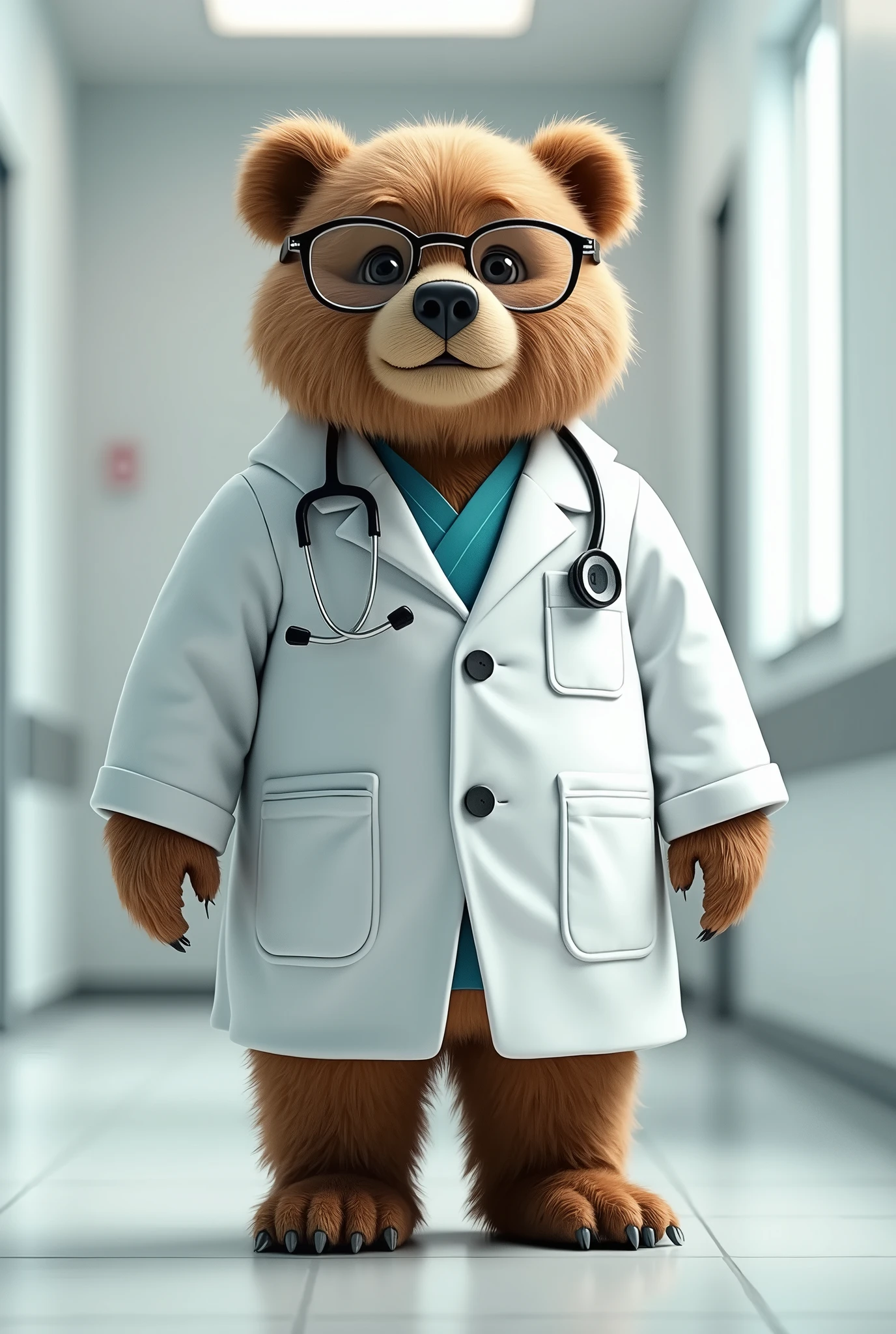 a bear wearing doctor clothes with glasses