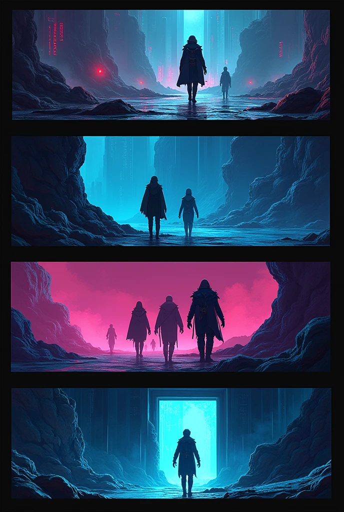 a storyboard with 5 scenes, which tells all the steps of the hero's journey, realistic, cyberpunk stile, 20 colors used, brilliant color