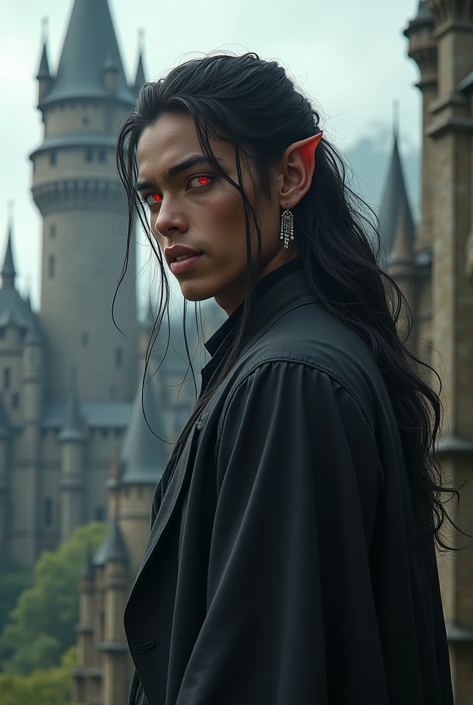 a tall young man with long black hair,first olive,earrings in the right ear,he is smiling sideways showing pointy teeth,red eyes and he is near a castle