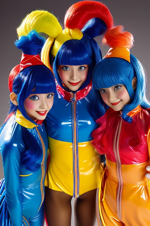 Three clown girls　clowning　Rubber Suit　hair color: blue(1.1)　Japanese　Red and blue clown suit　Two-pronged clown hat　Clown makeup