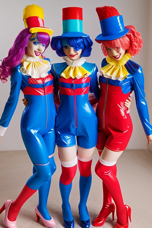 Three clown girls clowning Rubber Suit hair color: blue(1.1) Japanese Red and blue clown suit Two-pronged clown hat Clown makeup