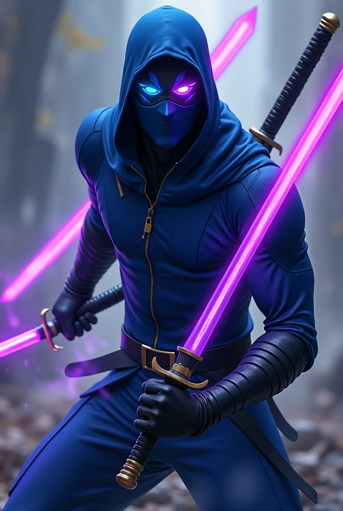 Blue ninja suit,has a jet black body and is masked. 5 Shining Blue eyes,Glowing Green Eyes,Glowing Red eye,Has Glowing Purple eyes, Glowing White eyes, and has Medium muscle mass,An anime man with one purple aura sword and one orange aura sword positioned diagonally behind him.
