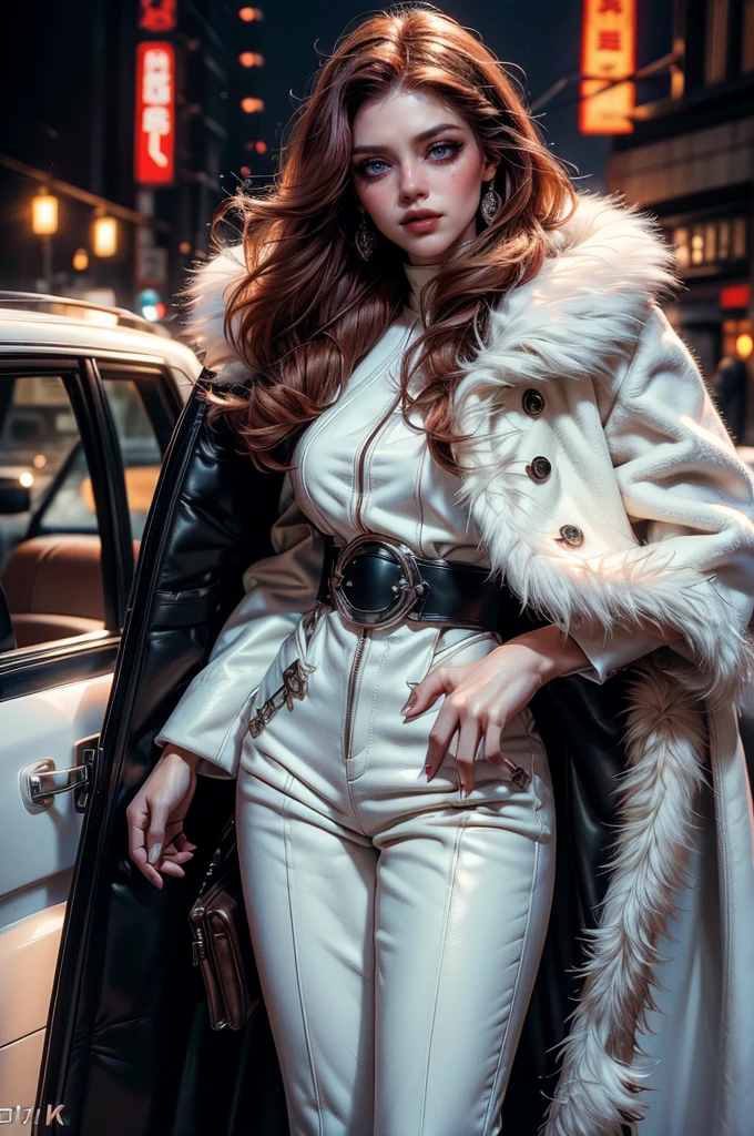 a beautiful young woman with long red hair, lora_Emma, high waist leather pants, waist belt, a white fur coat, and sunglasses, standing outside,(best quality,4k,8k,highres,masterpiece:1.2),ultra-detailed,(realistic,photorealistic,photo-realistic:1.37),detailed face, detailed eyes, detailed lips, long eyelashes, beauty, fashion, portrait, glamorous, elegant, studio lighting, dramatic lighting, high contrast, vivid colors, cinematic,xuer white fur coat, coat on shoulders