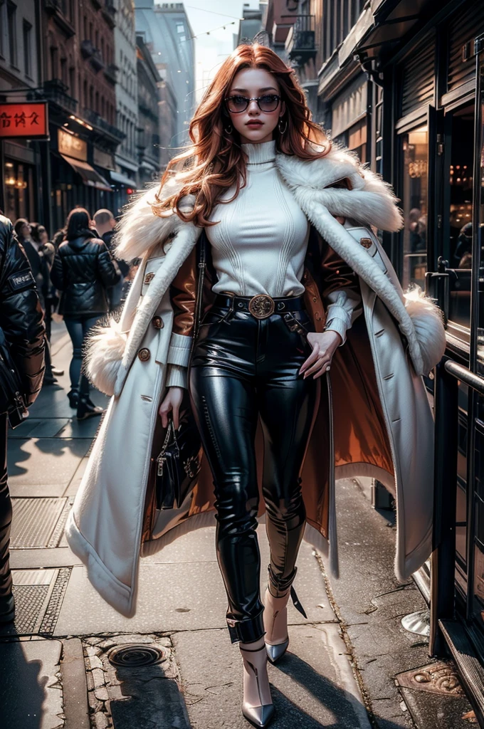 a beautiful young woman with long red hair, lora_Emma, high waist leather pants, waist belt, a white fur coat, and sunglasses, standing outside,(best quality,4k,8k,highres,masterpiece:1.2),ultra-detailed,(realistic,photorealistic,photo-realistic:1.37),detailed face, detailed eyes, detailed lips, long eyelashes, beauty, fashion, portrait, glamorous, elegant, studio lighting, dramatic lighting, high contrast, vivid colors, cinematic,xuer white fur coat, coat on shoulders