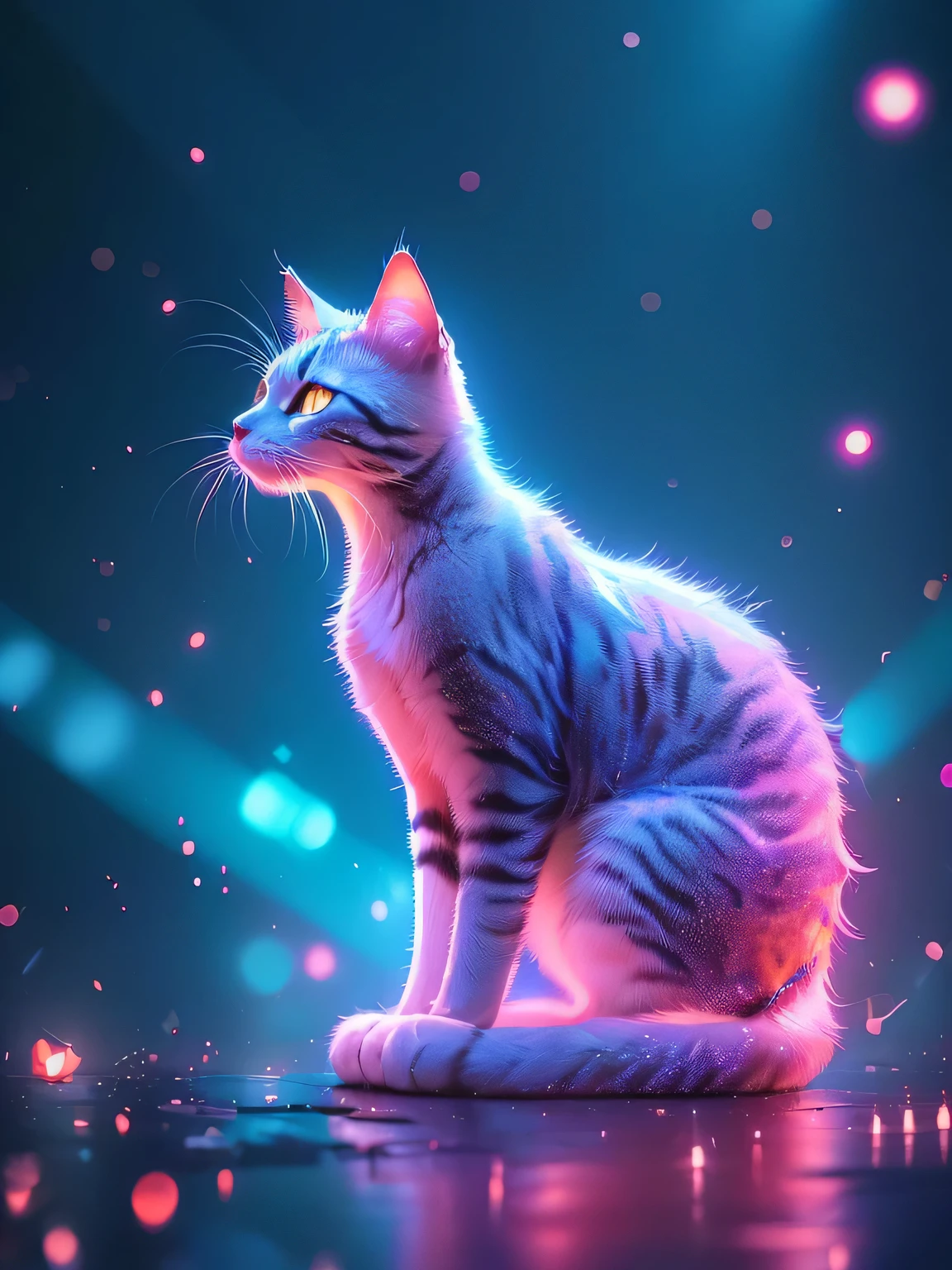 there is a Cat sitting on a surface with a lot of lights in the background, beautiful neon Cats, Beautiful digital artwork, Cat. Digital Painting, Beeple 和 Jeremiah Ketner, Beautiful digital art, Luminous Light! Digital Painting, adorable numbers, Stunning digital illustrations, Stunning digital art, very Beautiful digital art, Lovely and detailed digital art, Gorgeous digital art，8k，Movie quality，undamaged