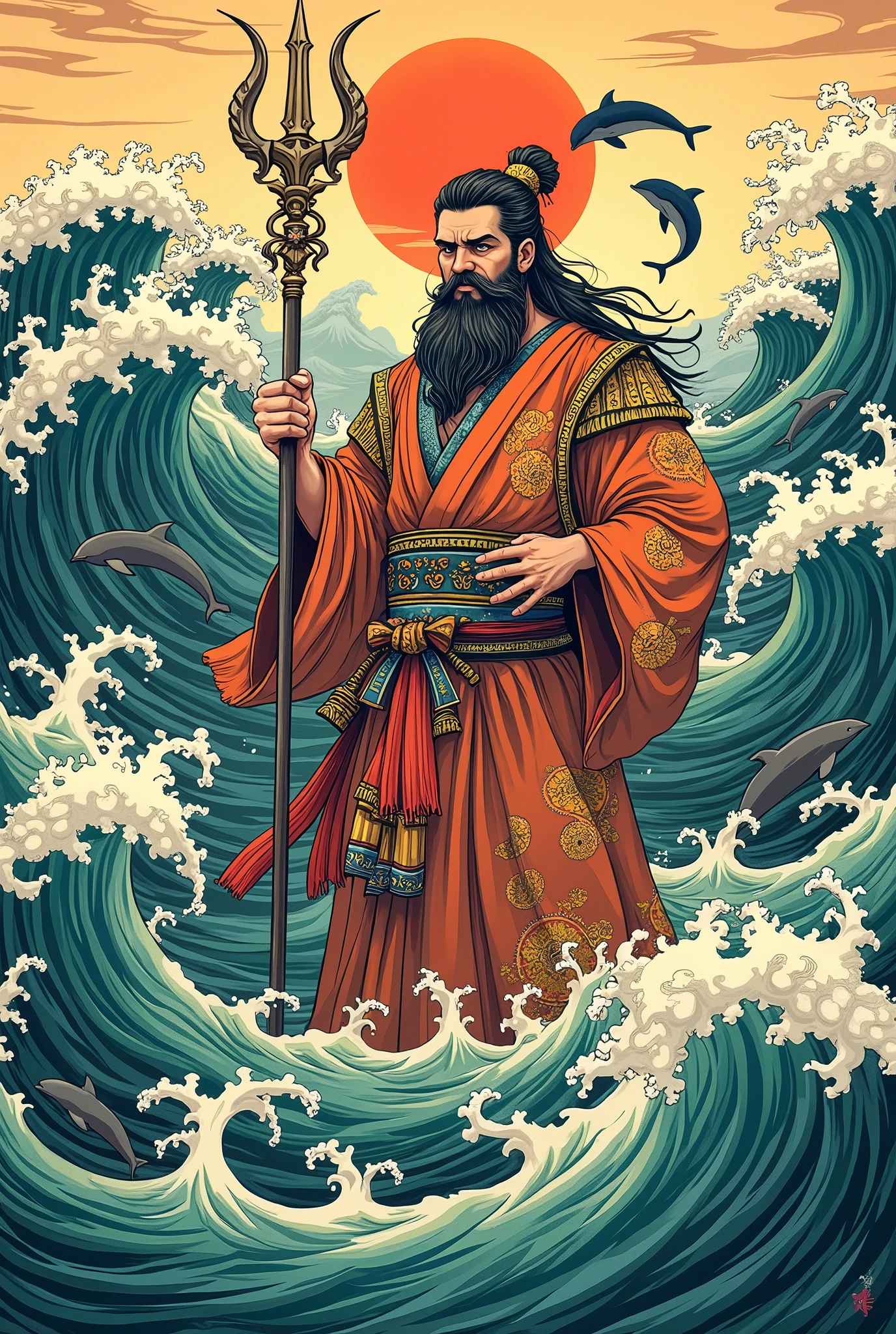 •Design: “A Japanese ukiyo-e style print of Poseidon commanding the ocean waves, with sea creatures in the background.”
•Quote: “Ruler of the Deep, Master of Tides.”
•Design Style: Stylized ocean waves with deep blues and greens, capturing the power of the sea.
