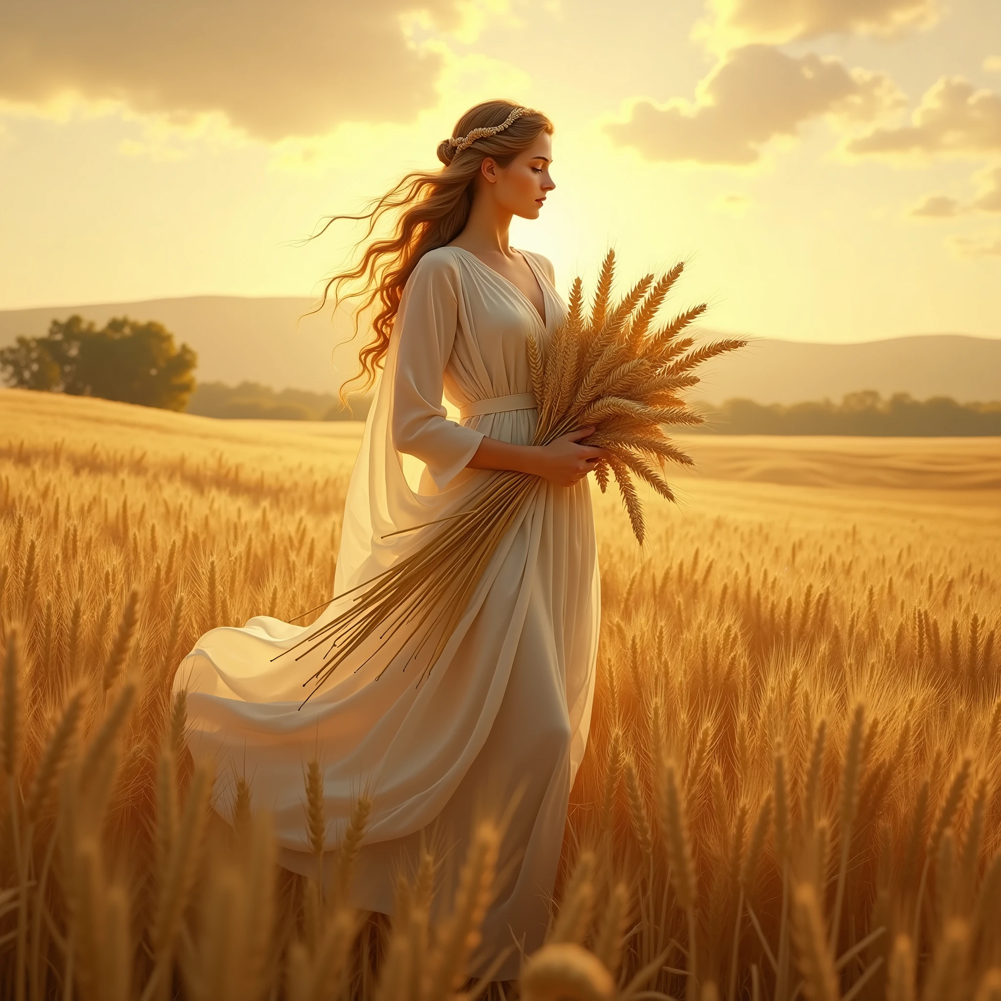 Greek mythology,Goddess of harvest,Suspended in a wheat field,Ears of wheat in hand