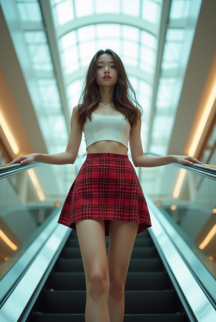 8K, masterpiece, ultra sharp focus, intricate detailed, an extremelly beautiful japanese young girl, brown long wavy hair, slender body, long legs, light smile to the viewer, she's standing back view on escalator that going up in the mall, ((taken from below her)). She's wearing white crop top camisole and red tartan skirt, cinematic color tone, back view, looking over shoulder, cool lighting, soft front studio lighting, pale skin, (((upskirt)))
