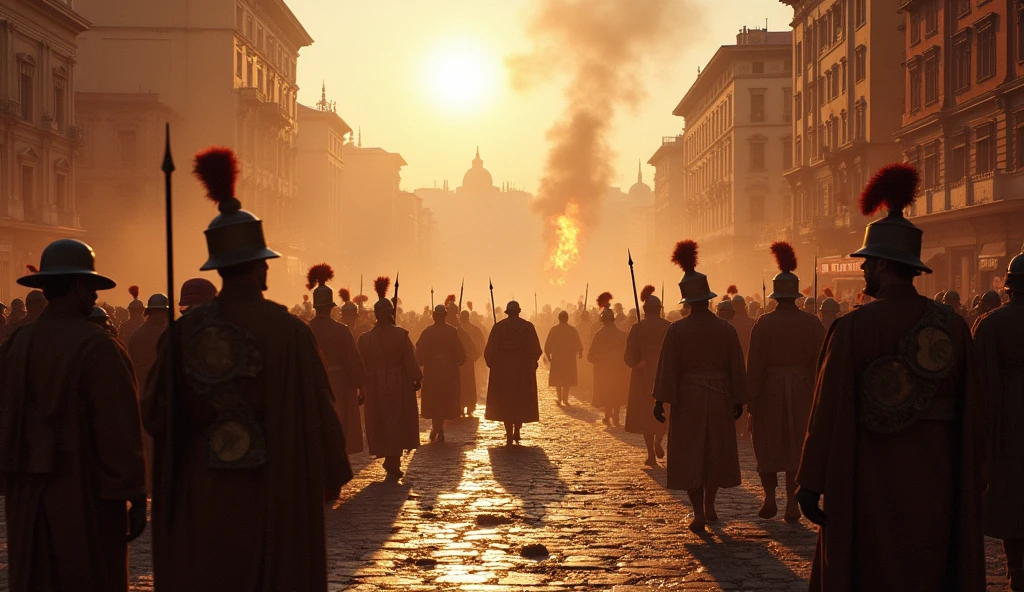 30 a/C City of Rome in chaos; soldiers marching in the streets