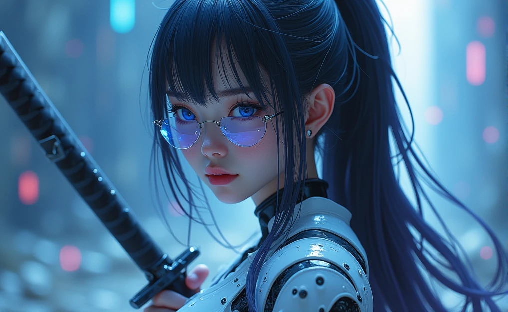 The figure of a young Asian girl, showing strength and determination, with long dark hair in a tail with mobility like water, almost unreal pale complexion and lips of a color somewhat similar to her complexion and robotic clothing carrying a katana that seems to be run through by some kind of dark energy, Deep blue eyes and some kind of transparent robotic eye covers and a determined look, The background is cyberpunk in deep blue and purple colors