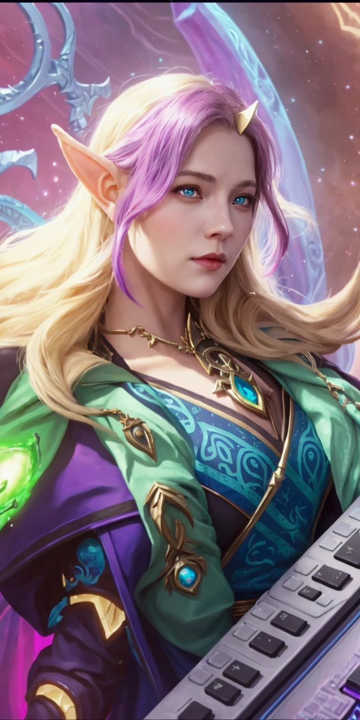 a close up of a woman with a keyboard in her hand, unknown, artgrem, astri lohne, freya, avatar image, archfey, portrait knights of zodiac girl, mystical atlantean valkyrie, jaina proudmoore, trendin on artstation, mobile legends, wild rift, elfic priestess, world of warcraft elven druid