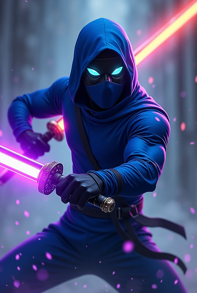 Blue ninja suit,has a jet black body and is masked. 5 Shining Blue eyes,Glowing Green Eyes,Glowing Red eye,Has Glowing Purple eyes, Glowing White eyes, and has Medium muscle mass,An anime man with one purple aura sword and one orange aura sword positioned diagonally behind him.