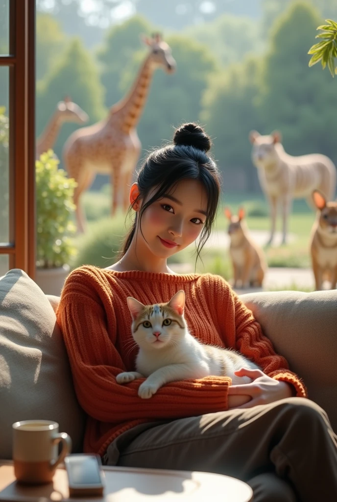 Beautiful Korean girl, smooth white skin, well-groomed face, thin smile, straight black hair tied up, red-orange knitted shirt, dark brown cargo pants, sitting on the sofa with a big white Angora cat, on the table there is an iPhone laptop, in the background , in the open area of ​​the zoo there are tigers giraffes lions rabbits, it looks authentic, real and realistic in the photos