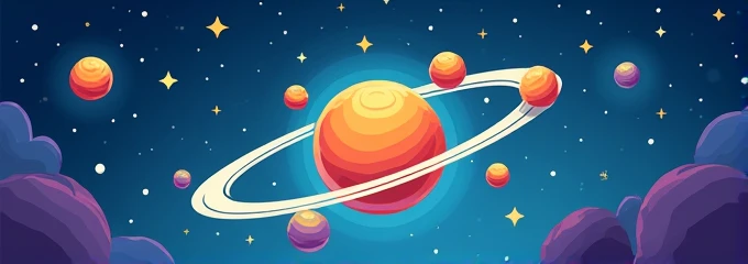 A nucleus with atoms orbiting on it with an outer space background with stars (Cartoony).