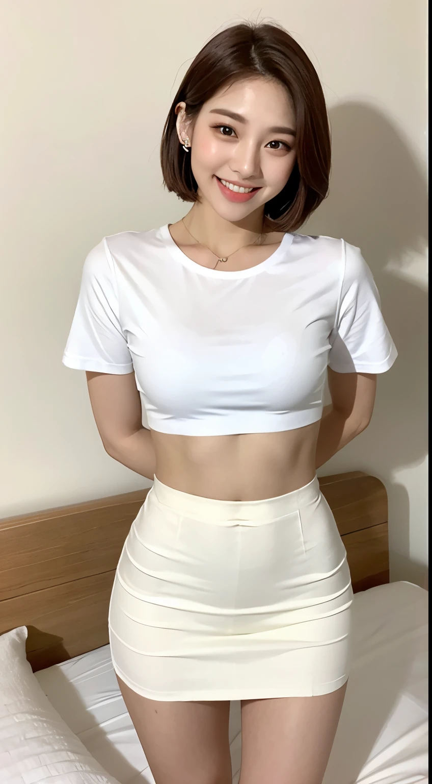 White tight shirt、White Mini Skirt、bed、smile、Short sleeve、High resolution、Korean idol face、double eyelid、White teeth、short hair