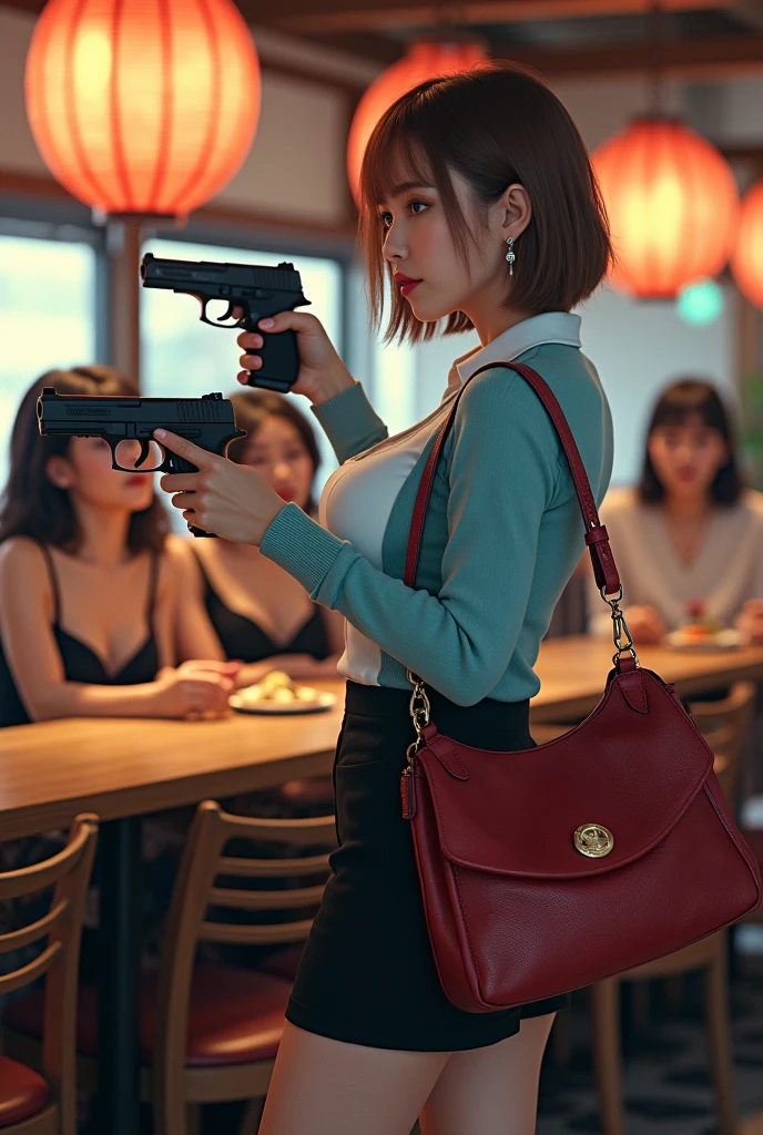 Side view, ((Hold the gun with both hands)), shooting target, standing pose , hold Luger P-08,  front  sushi restaurant , noon ,from Front view,  looking at viewer, Japanese Girls ,(20-year-old),( Beautiful Eyes, Light brown straight short hair, fringe,  Faint lips),(earring, neckless) (C cup breasts, wide hip)  ( Black bra, and Black paneity stockings), (White Shirt, sky blue seater, Black miniskirts), black HI heal) , Louis Vuitton Red shoulder-bag, lady's watch of Seiko,  (masterpiece, highest quality, High resolution, Photo realistic, sharp, RAW Photos, 8k wallpaper, perfection, Professional Lighting, Very detailed)
