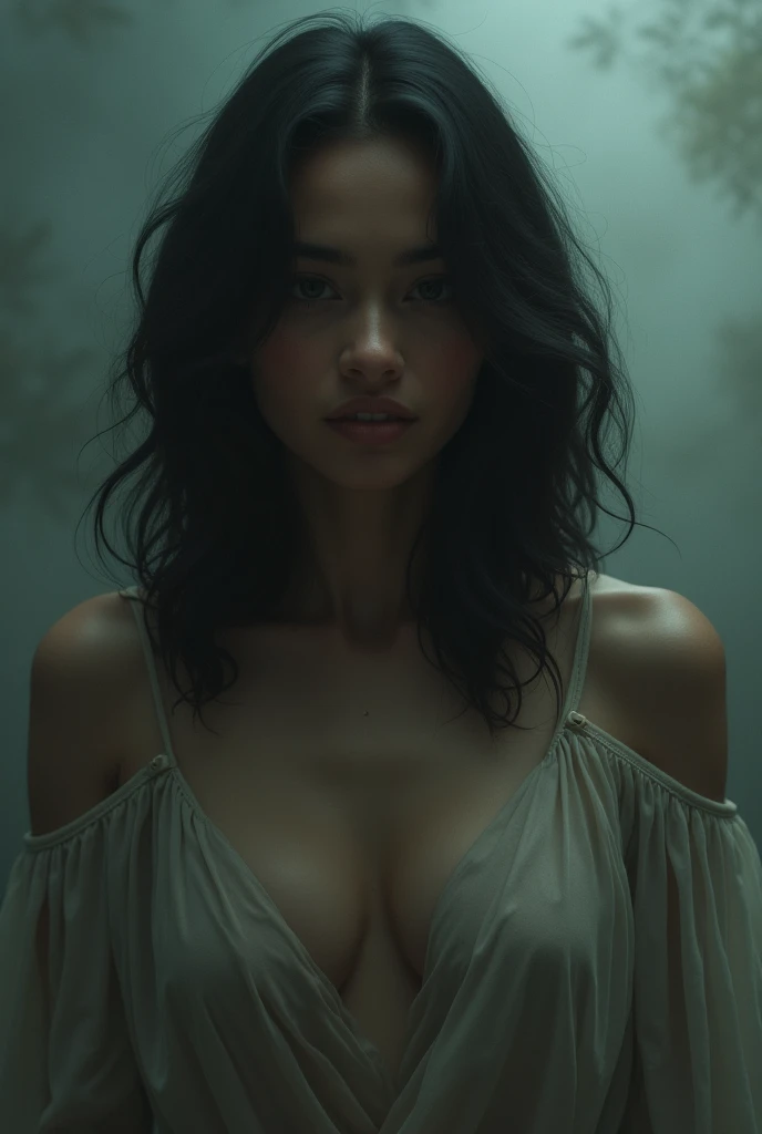 Create an image where a Brazilian woman with medium-length hair conveys the spiritual aura of her soul with a melancholic tone.&B