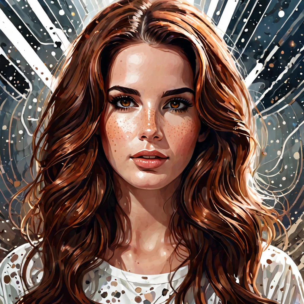 Semi realistic illustration portrait of beautiful young woman, white, long wavy copper brown hair, brown-eyed. rectangular face, splattered nose, fine and soft facial features, thick lips, look lovely. (Take Lana del Rey as a reference) Ph.D. sci-fi geneticist in a futuristic science fiction world. 