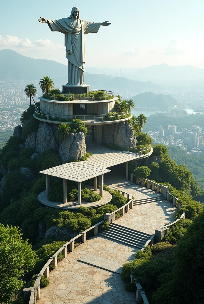 Create an image with these characteristics taking into account that there is a single-terrace monument of Christ the King with the following characteristics:
A semi-circular terrace around the base of Cristo Rey that allows panoramic views.
Nature trails, well designed paths leading to the viewing point through the local vegetation, providing an immersive experience in nature before reaching the observation deck.
Add gardens or seating areas with native flora and stone benches.
Panoramic pergola: A lightweight roof with a modern design that partially covers the viewing platform to provide shade without obstructing the views.
Glass railings: Use reinforced glass railings on platforms to maximize views and maintain safety without interrupting the visual connection with the surroundings.
Rest and meditation areas: Include benches and small meditation or recreation areas around the viewing platform, with direct views towards Cristo Rey, so that visitors can relax and reflect in a peaceful environment.
Interactive spaces: Create information panels on the history and culture of São Paulo, The meaning of Christ the King and the biodiversity of the region.