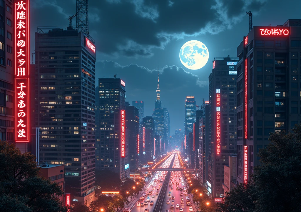 a night scene in a Japanese city, Tokyo at night, bright neon lights, Skyscraper, illuminated streets, cloudy sky with bright moon, Reddish colors and warm tones, cinematic lighting, Stunning cityscape, Very detailed, dramatic atmosphere, With a modern style